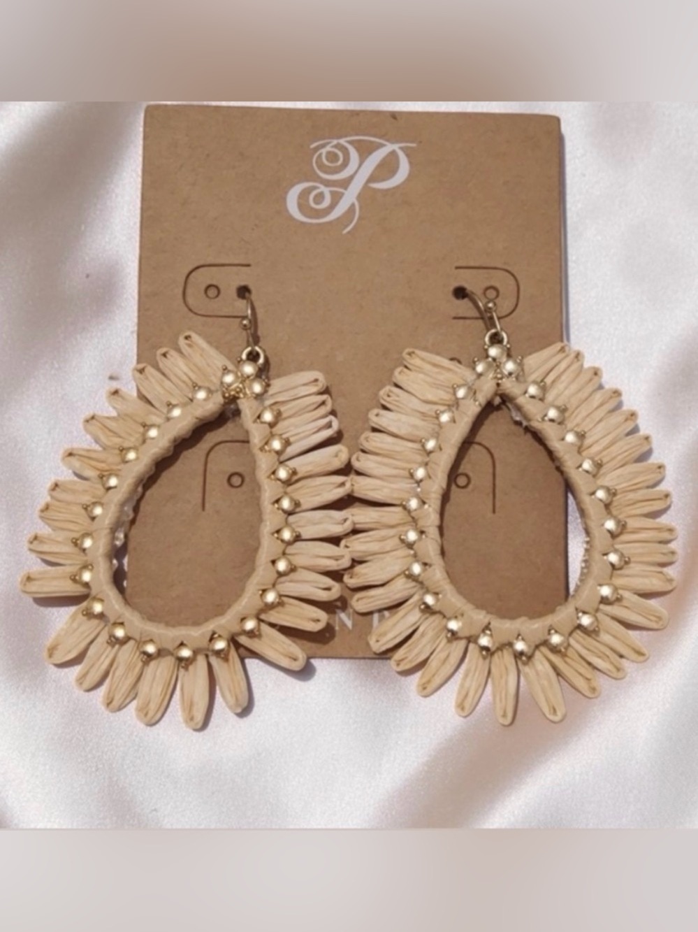 Plunder Design Cream Raffia Teardrop Dangle Drop Earrings Neutral